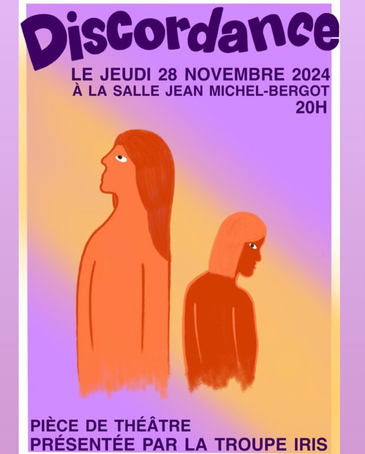 Affiche de la pièce Discordance, présentée le 28 novembre 2024 par la Troupe Iris